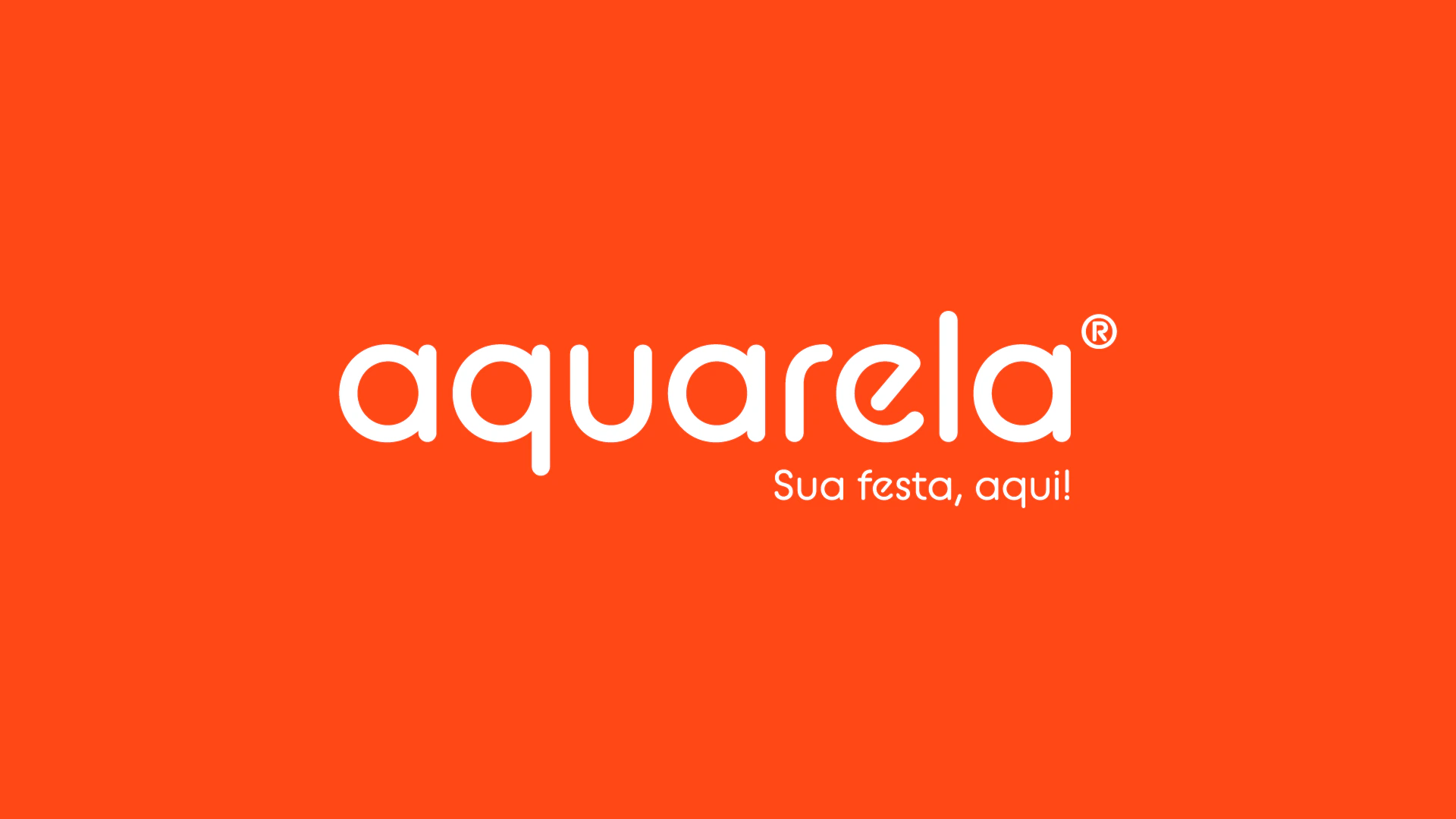 aquarela logo in white on orange with “Sua festa, aqui!” (Your party, right here!)