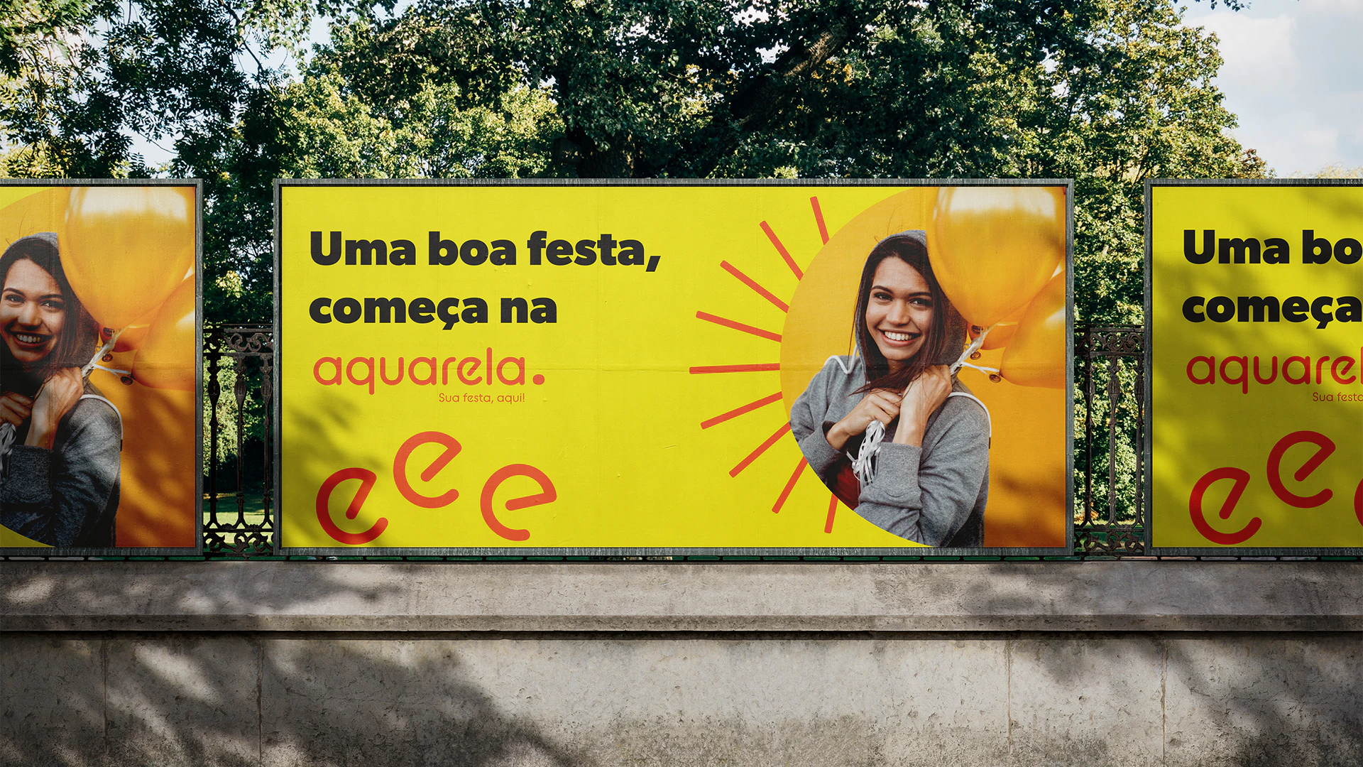 Panels reading “Uma boa festa, começa na aquarela.” (A great party starts at aquarela.)