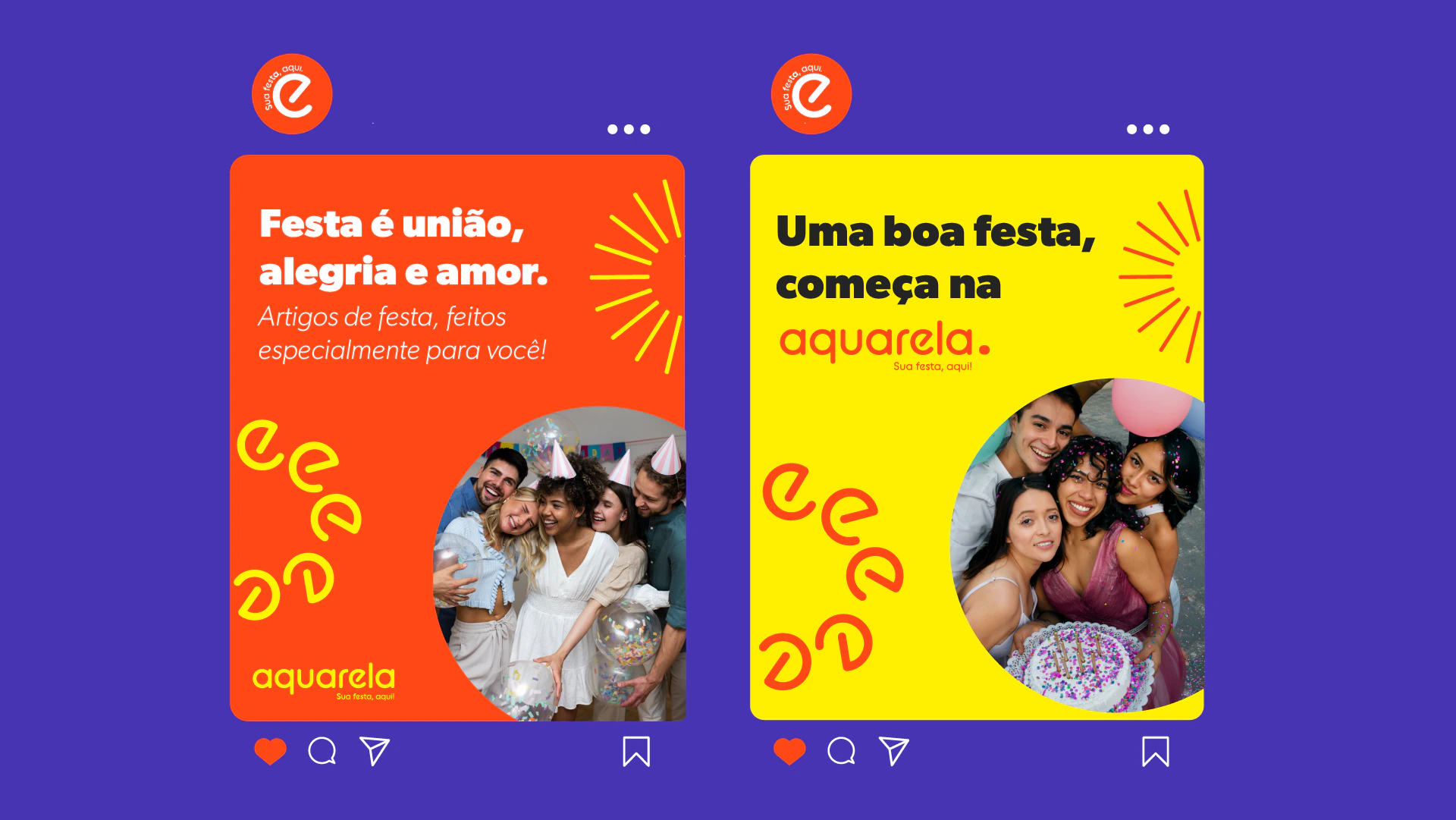 Posts reading “Festa é união, alegria e amor.” and “Uma boa festa, começa na aquarela.”
