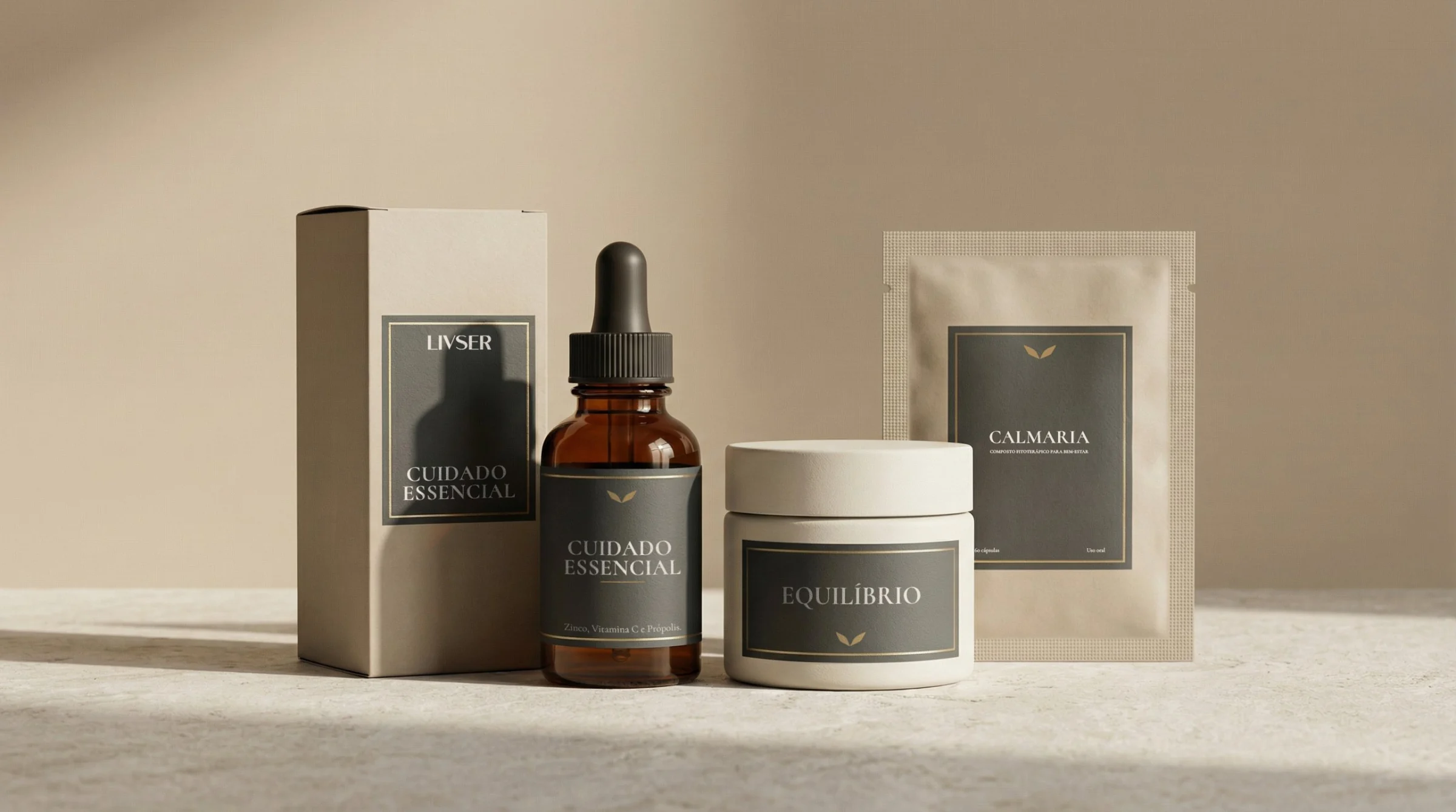 Box, dropper bottle, jar and sachet with Livser labels