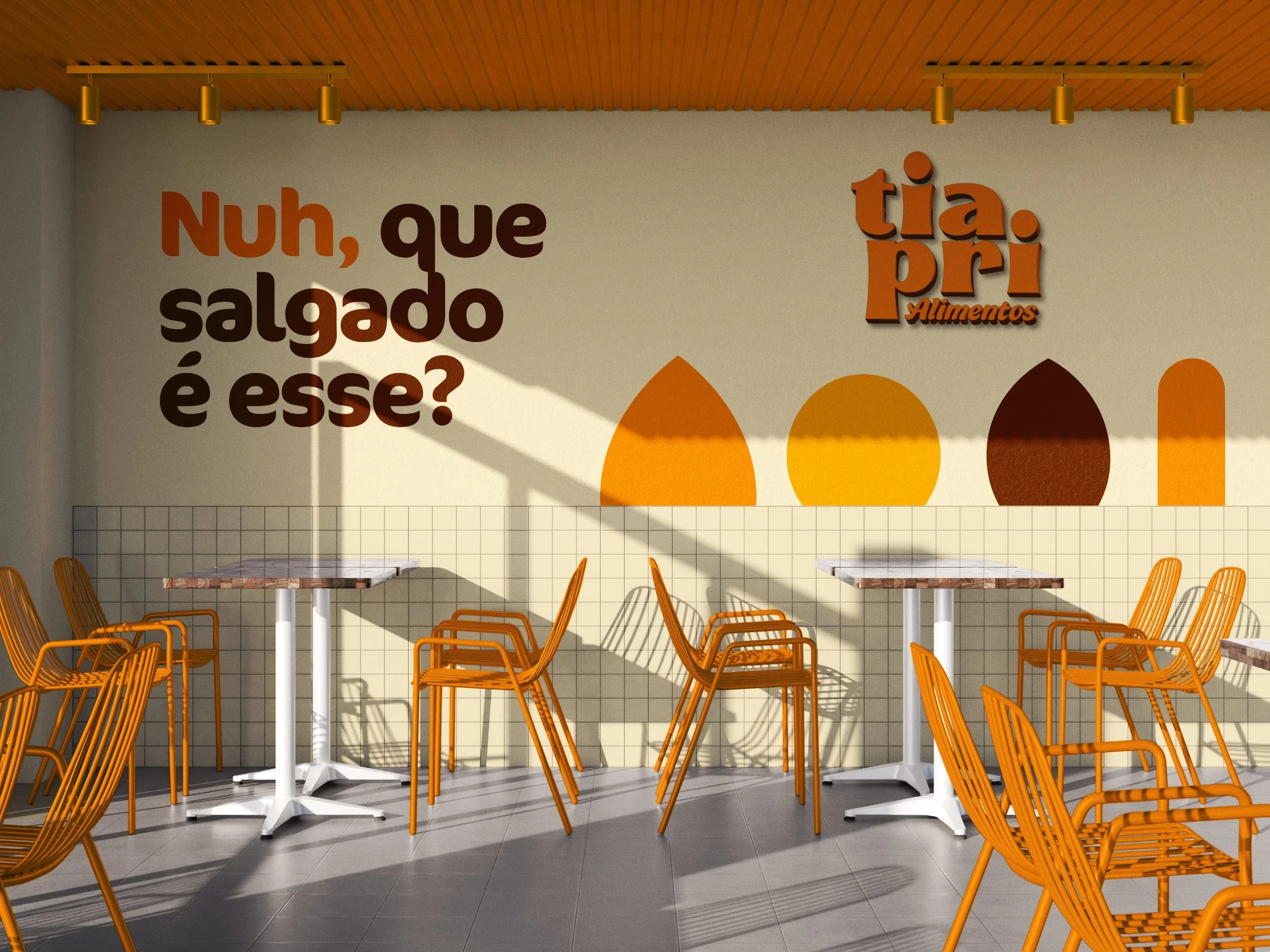 Tia Pri store wall with the line “Nuh, que salgado é esse?”, the logo and snack icons