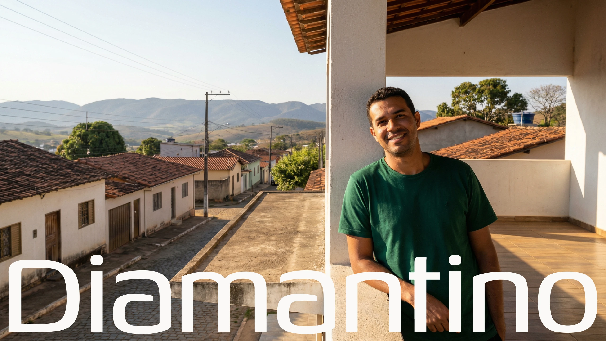 Man smiling on a balcony overlooking the town, with the Diamantino name