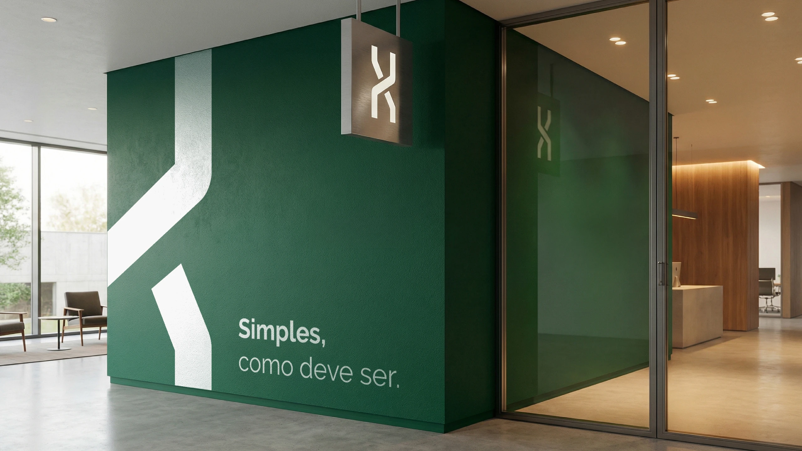 Interior with the symbol and the line “Simples, como deve ser.” (Simple, as it should be.)