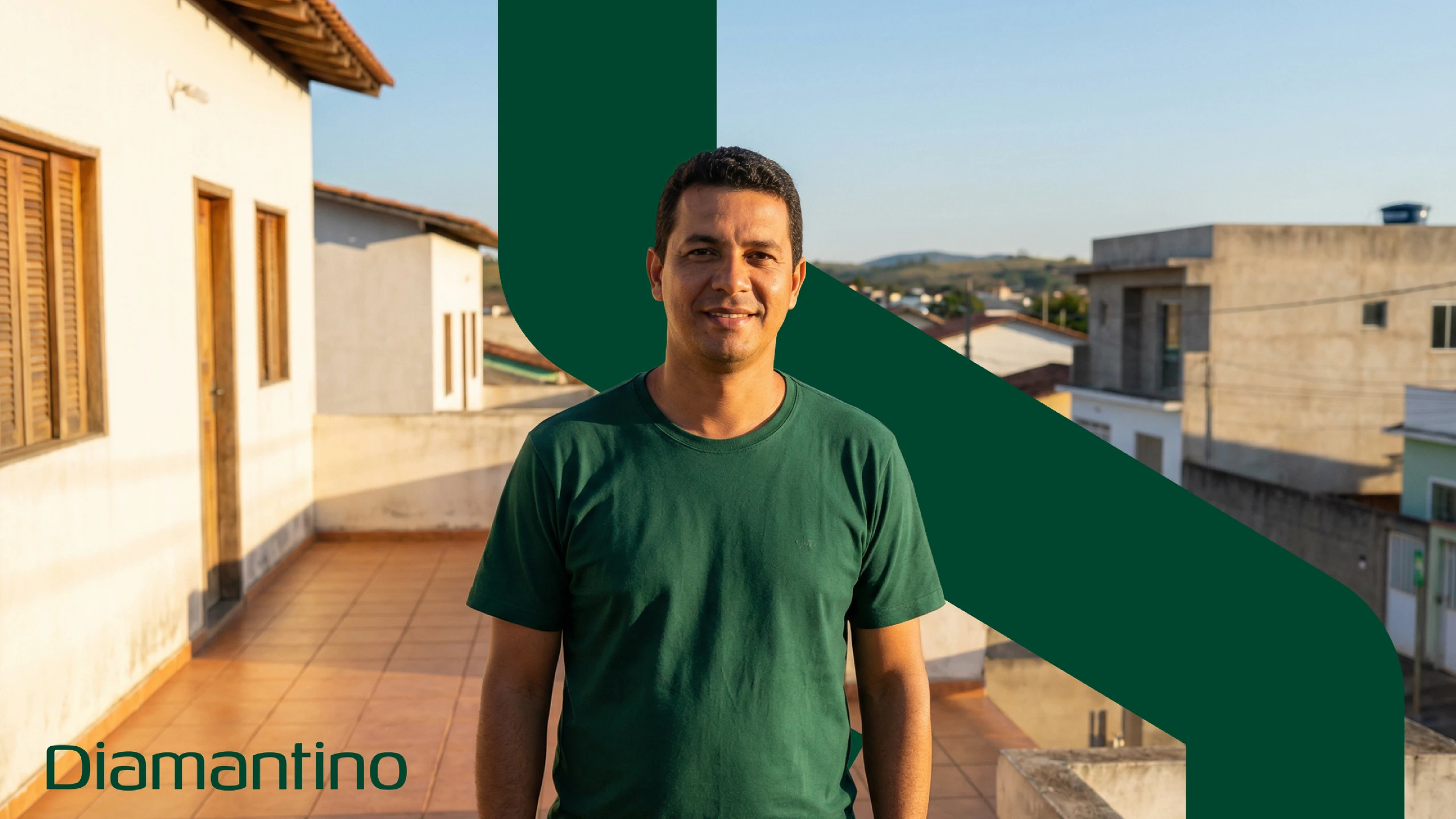 Man on a balcony with the Diamantino graphic