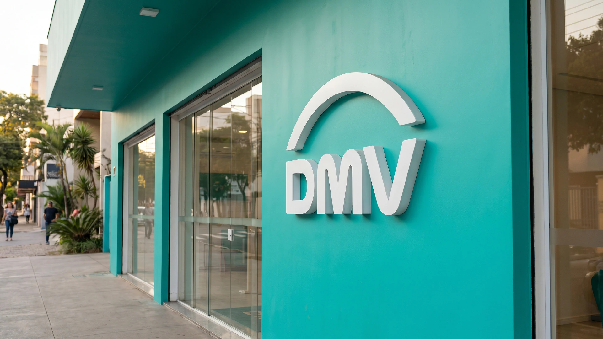 Teal facade with the DMV logo in 3D letters
