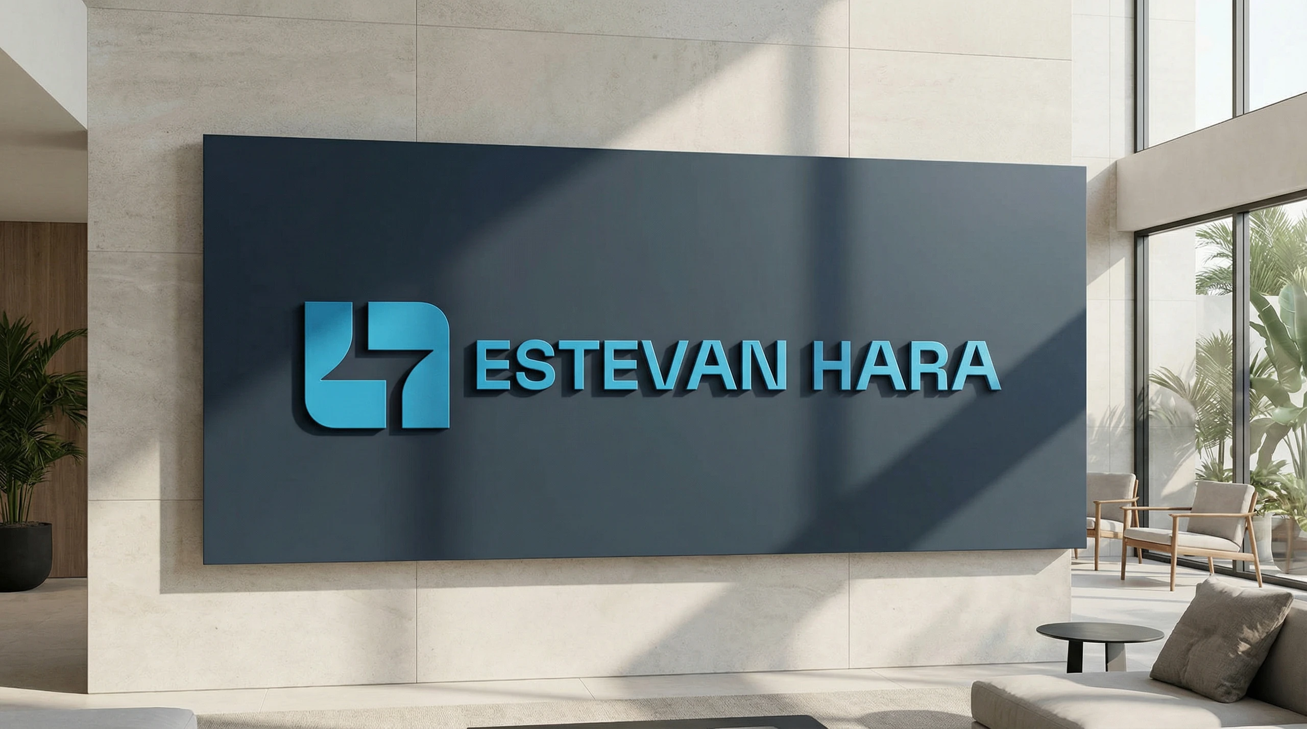 Painel com o logotipo de Estevan Hara