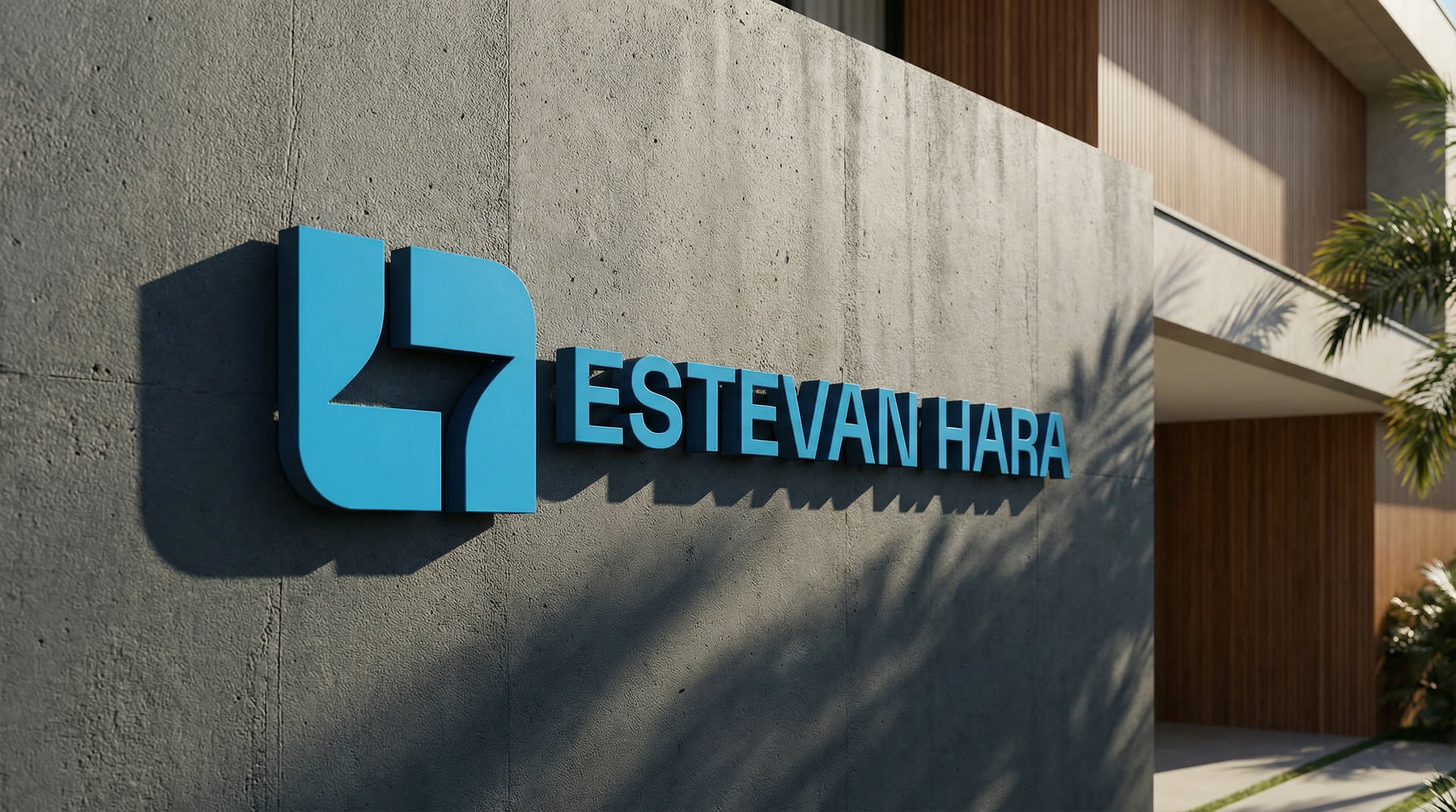 Logotipo de Estevan Hara em volume em uma fachada