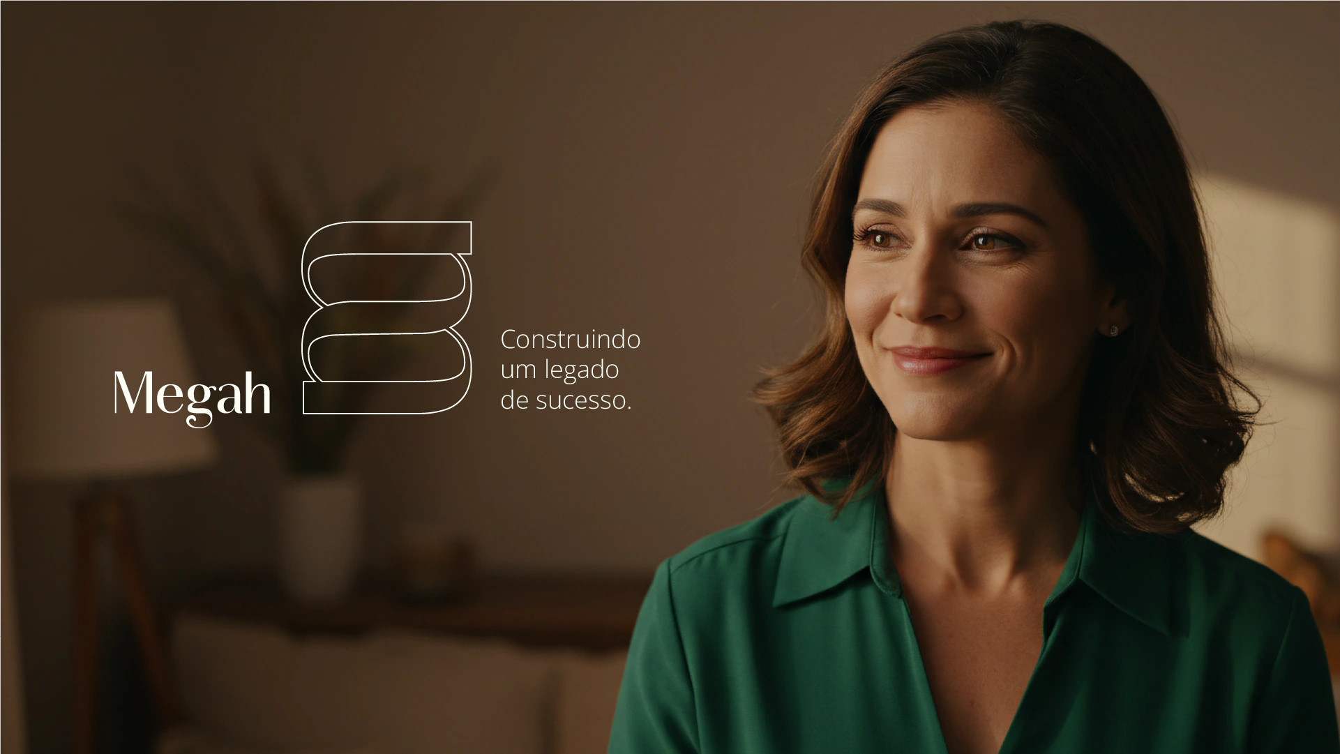Woman next to the tagline “Construindo um legado de sucesso.” (Building a legacy of success.)