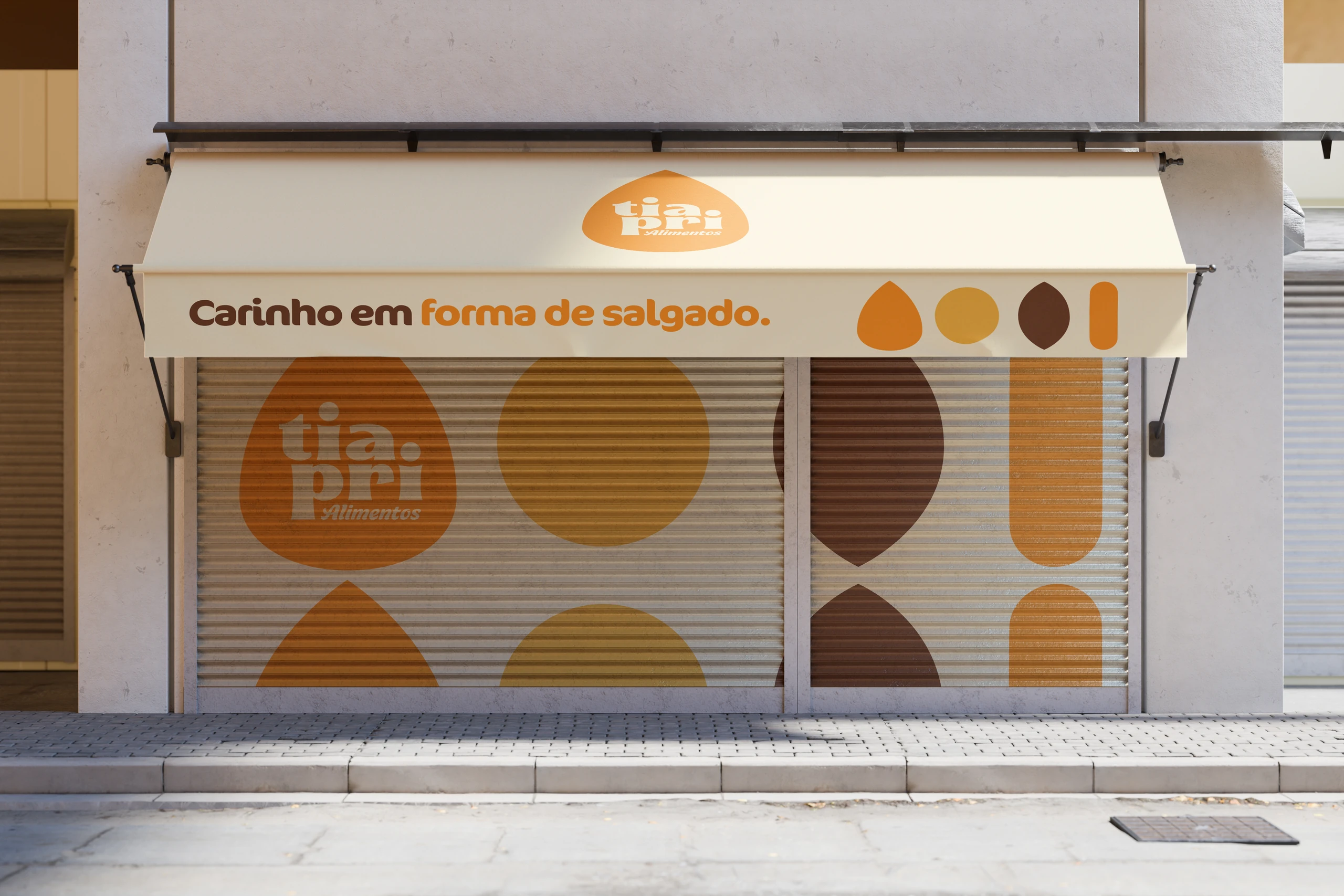 Snack bar facade with an awning reading “Carinho em forma de salgado.” (Love in snack form.)
