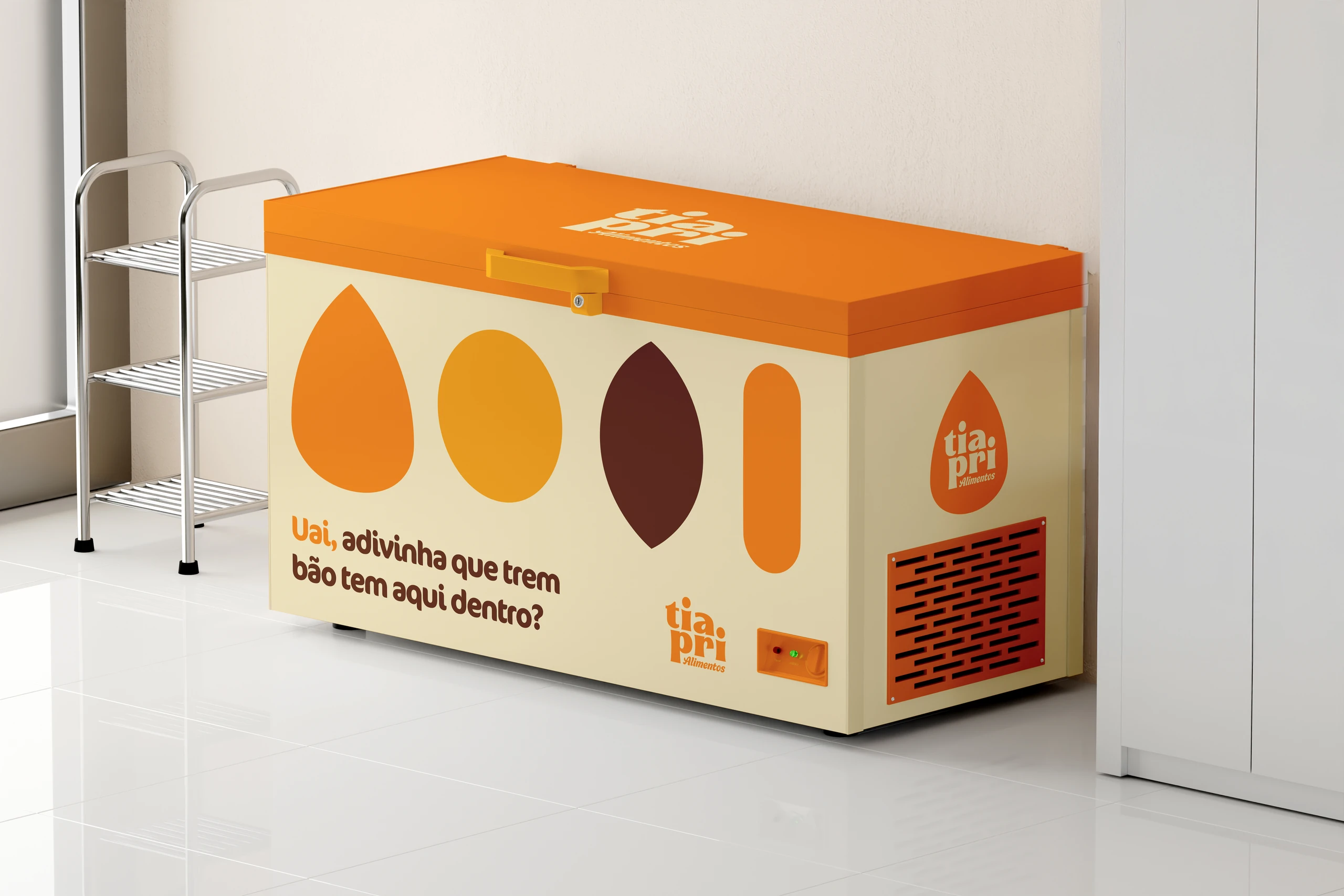 Freezer wrapped with “Uai, adivinha que trem bão tem aqui dentro?” (Go on, guess what good stuff's in here?)