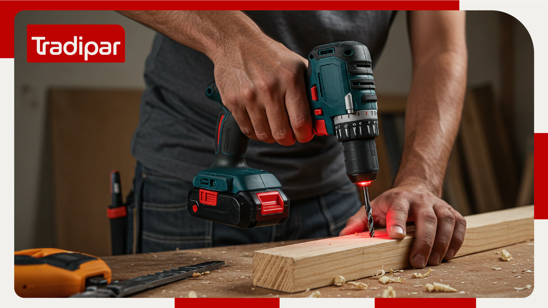 Social post with a photo of a worker using a drill
