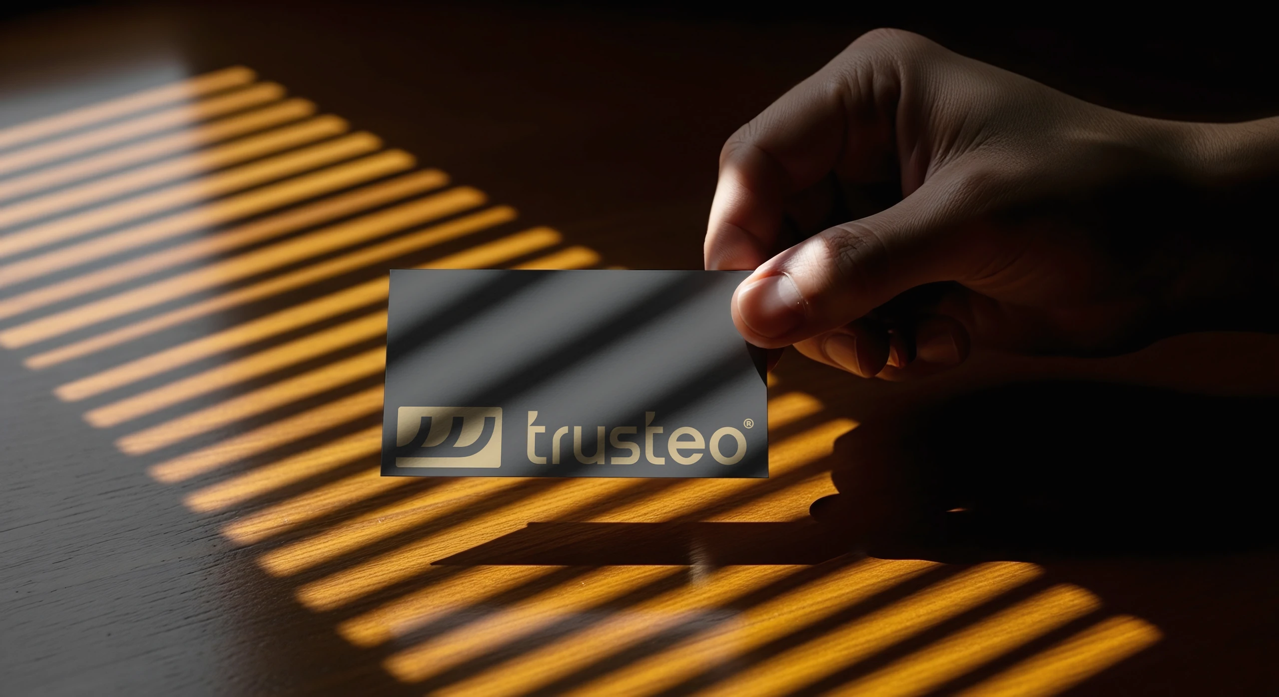 Trusteo business card in a hand, under striped light