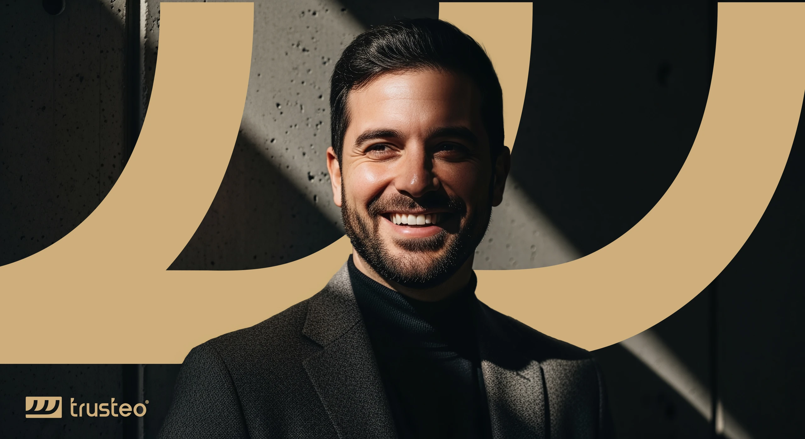 Piece with a portrait and the Trusteo graphic