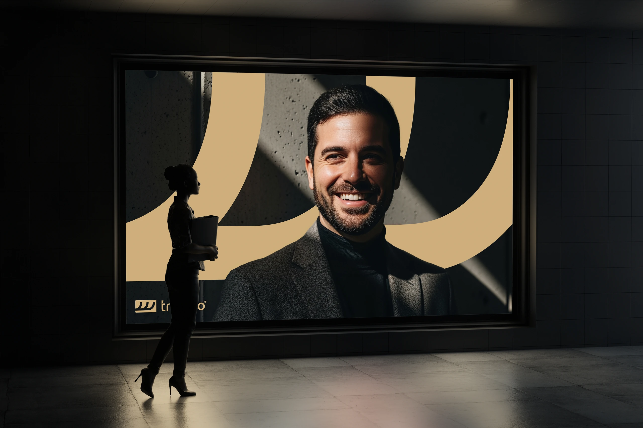 Panel with a portrait and the Trusteo graphic