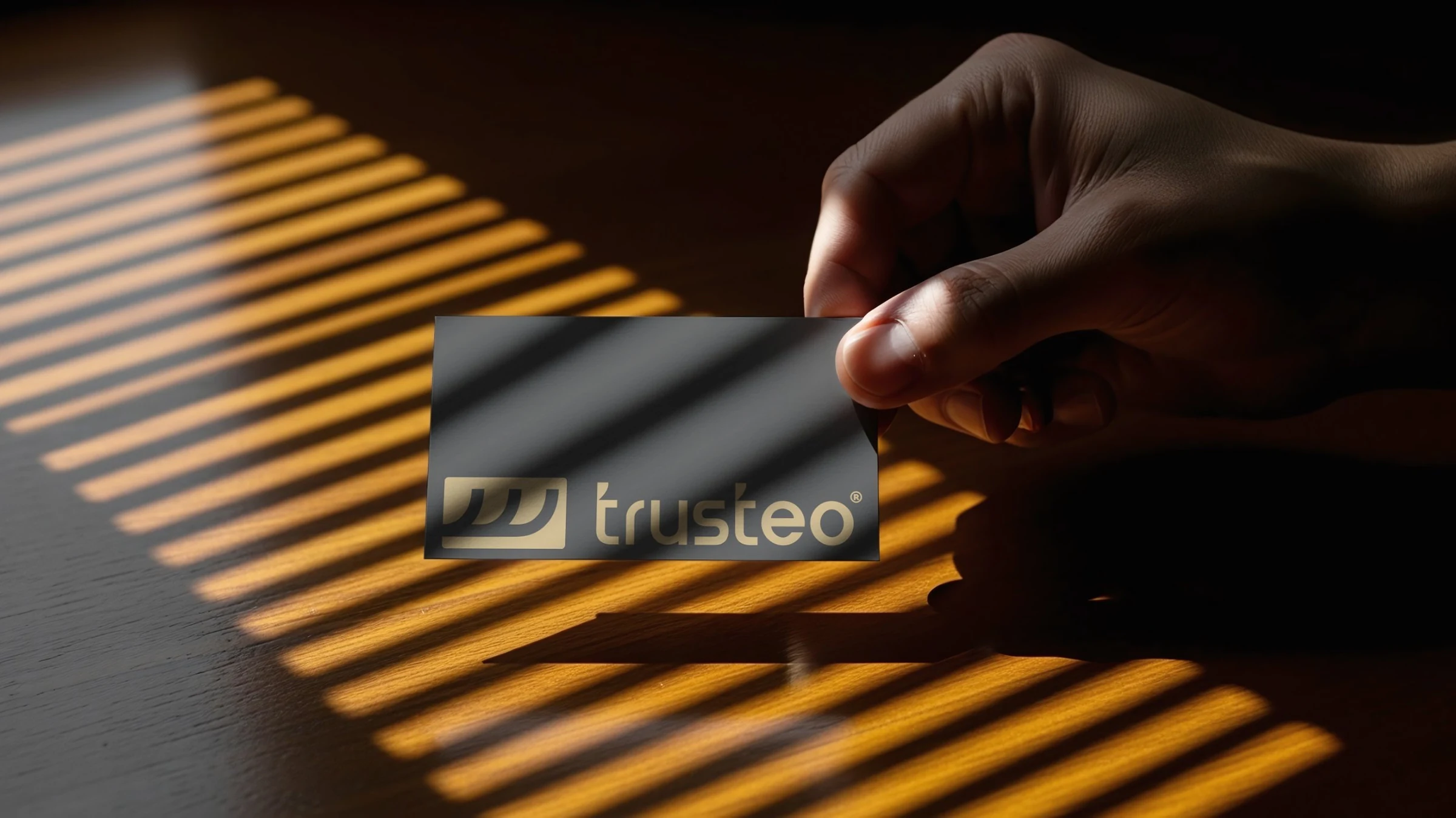 Trusteo business card in a hand, under striped light